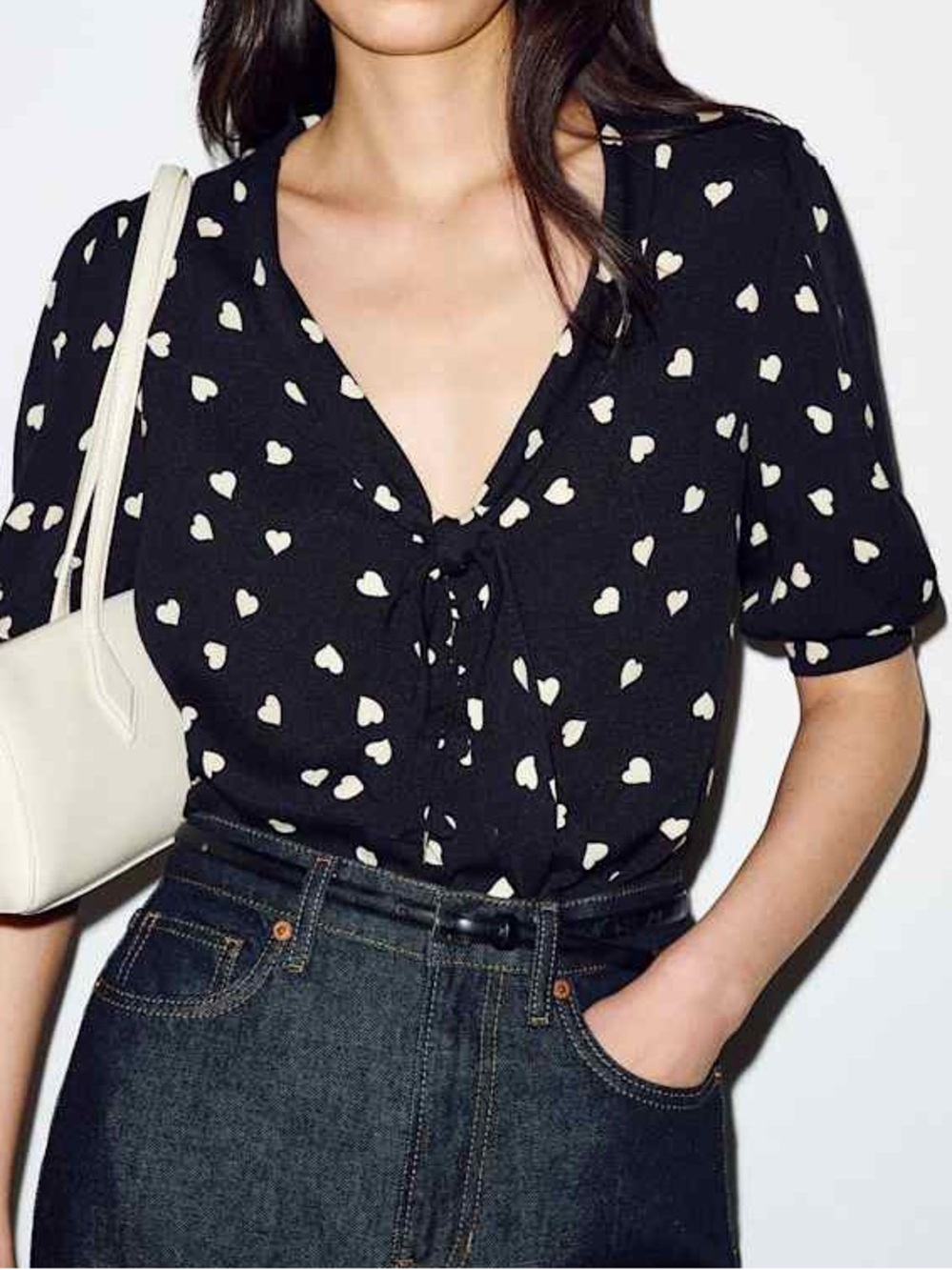 Reformation Joelle Luv It Heart Print Tie Neck Blouse Medium